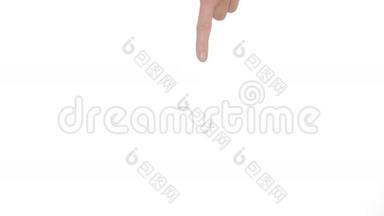 女人`用一根手指在白色的背景上隔离